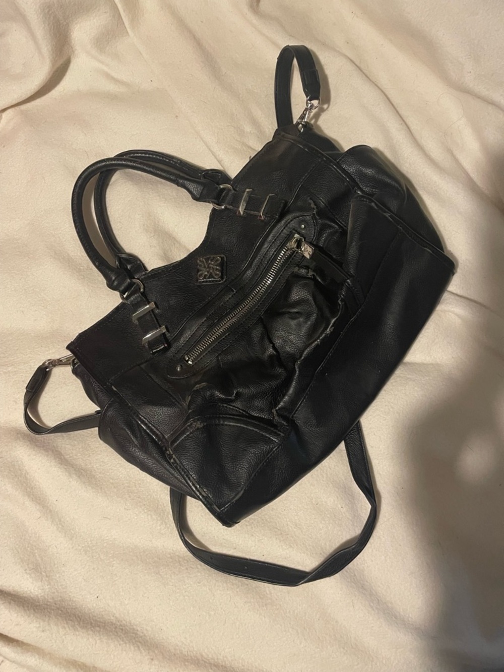 Vera Wang Black Leather Satchel with Silver Zipper Detail